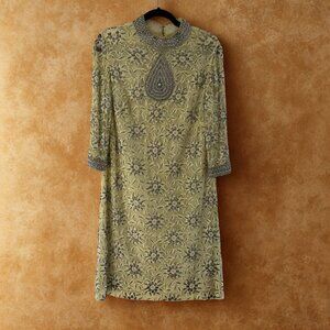 1960s Vintage Yellow Beaded Midi Dress